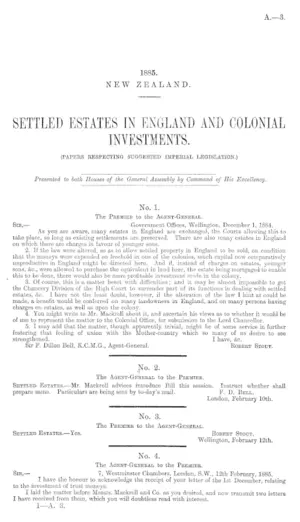 SETTLED ESTATES IN ENGLAND AND COLONIAL INVESTMENTS. (PAPERS RESPECTING SUGGESTED IMPERIAL LEGISLATION.)