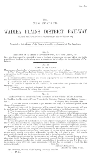 WAIMEA PLAINS DISTRICT RAILWAY (PAPERS RELATIVE TO THE NEGOTIATIONS FOR PURCHASE OF).