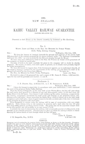 KAIHU VALLEY RAILWAY GUARANTEE (PAPERS RELATIVE TO).