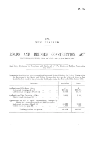 ROADS AND BRIDGES CONSTRUCTION ACT (MATTERS DONE UNDER), FROM 1st APRIL, 1884, TO 31st MARCH, 1885.