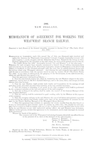 MEMORANDUM OF AGREEMENT FOR WORKING THE WHAUWHAU BRANCH RAILWAY.