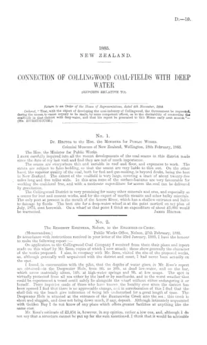 CONNECTION OF COLLINGWOOD COAL-FIELDS WITH DEEP WATER (REPORTS RELATIVE TO).