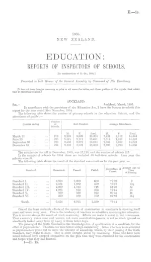 EDUCATION: REPORTS OF INSPECTORS OF SCHOOLS. [In continuation of E.-1b., 1884.]