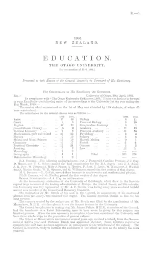 EDUCATION. THE OTAGO UNIVERSITY. [In continuation of E.-6. 1884.]