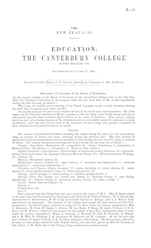 EDUCATION: THE CANTERBURY COLLEGE (PAPERS RELATING TO). [In Continuation of E.—1, Sess. II., 1884.]