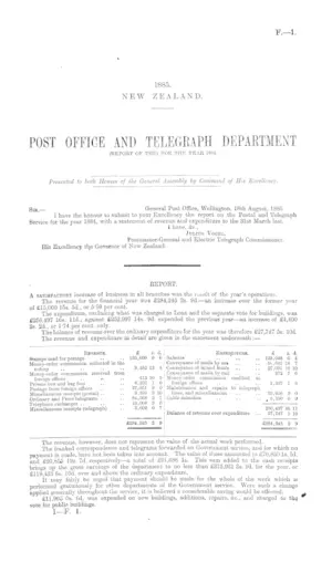 POST OFFICE AND TELEGRAPH DEPARTMENT (REPORT OF THE) FOR THE YEAR 1884.