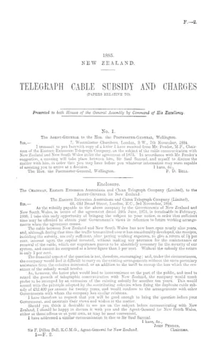 TELEGRAPH CABLE SUBSIDY AND CHARGES (PAPERS RELATIVE TO).