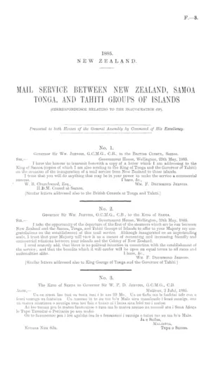MAIL SERVICE BETWEEN NEW ZEALAND, SAMOA TONGA, AND TAHITI GROUPS OF ISLANDS (CORRESPONDENCE RELATING TO THE INAUGURATION OF).