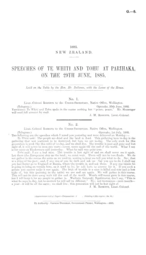 SPEECHES OF TE WHITI AND TOHU AT PARIHAKA, ON THE 29TH JUNE, 1885.