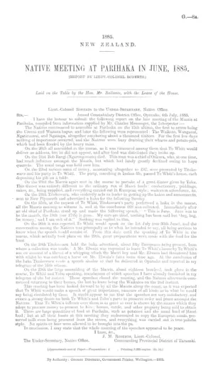 NATIVE MEETING AT PARIHAKA IN JUNE, 1885. (REPORT BY LIEUT.-COLONEL ROBERTS.)