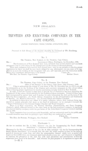 TRUSTEES AND EXECUTORS COMPANIES IN THE CAPE COLONY. (PAPERS RESPECTING THEIR POWERS, OPERATIONS, ETC.)