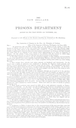 PRISONS DEPARTMENT (REPORT ON, FOR YEAR ENDING 31st DECEMBER, 1884).