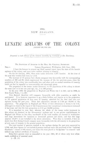 LUNATIC ASYLUMS OF THE COLONY (REPORT ON) FOR 1884.