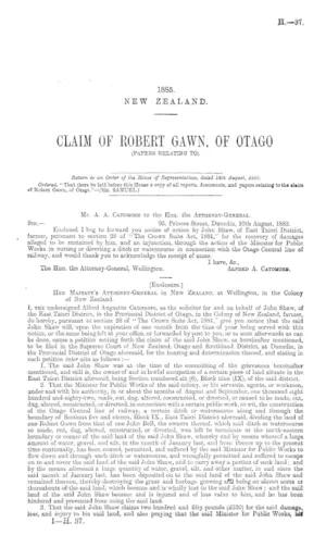 CLAIM OF ROBERT GAWN, OF OTAGO (PAPERS RELATING TO).