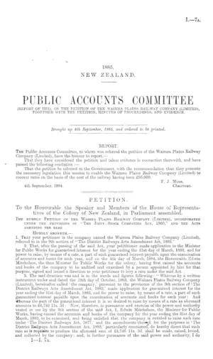 PUBLIC ACCOUNTS COMMITTEE (REPORT OF THE), ON THE PETITION OF THE WAIMEA PLAINS RAILWAY COMPANY (LIMITED), TOGETHER WITH THE PETITION, MINUTES OF PROCEEDINGS, AND EVIDENCE.