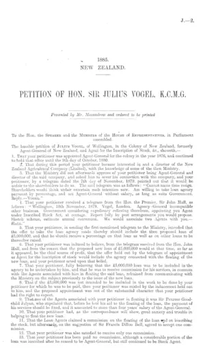 PETITION OF HON. SIR JULIUS VOGEL, K.C.M.G.