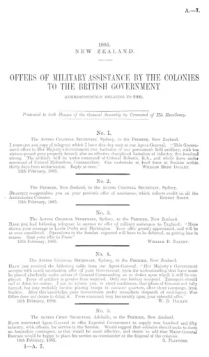 OFFERS OF MILITARY ASSISTANCE BY THE COLONIES TO THE BRITISH GOVERNMENT (CORRESPONDENCE RELATING TO THE).