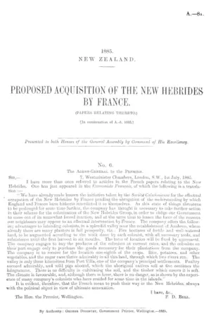 PROPOSED ACQUISITION OF THE NEW HEBRIDES BY FRANCE. (PAPERS RELATING THERETO.) [In continuation of A.-8, 1885.]