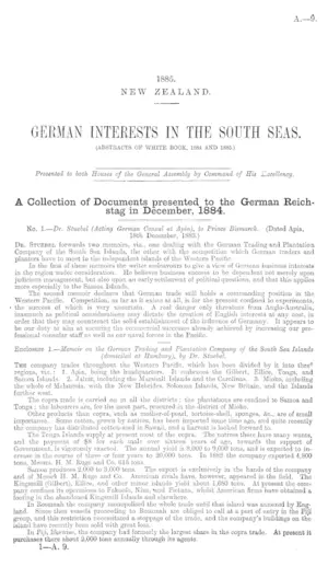 GERMAN INTERESTS IN THE SOUTH SEAS. (ABSTRACTS OF WHITE BOOK, 1884 AND 1885.)