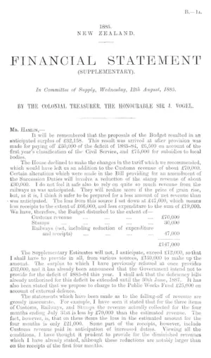 FINANCIAL STATEMENT (SUPPLEMENTARY). In Committee of Supply, Wednesday, 12th August, 1885. BY THE COLONIAL TREASURER, THE HONOURABLE SIR J. VOGEL.