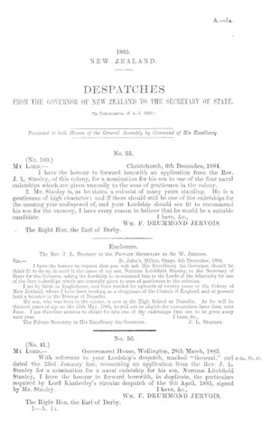 DESPATCHES FROM THE GOVERNOR OF NEW ZEALAND TO THE SECRETARY OF STATE. [In Continuation of A.-1, 1885.]