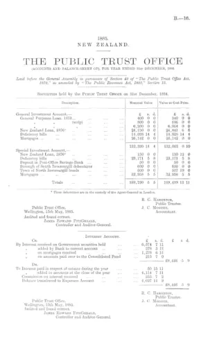 THE PUBLIC TRUST OFFICE (ACCOUNTS AND BALANCE-SHEET OF), FOR YEAR ENDED 31st DECEMBER, 1884.