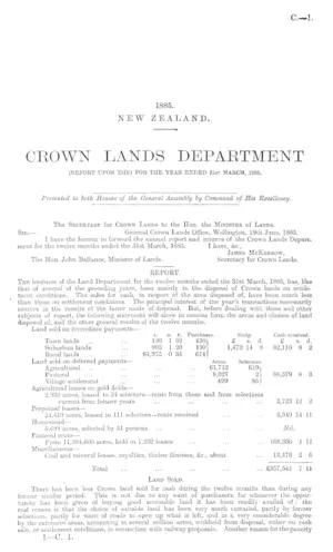 CROWN LANDS DEPARTMENT (REPORT UPON THE) FOR THE YEAR ENDED 31st MARCH, 1885.