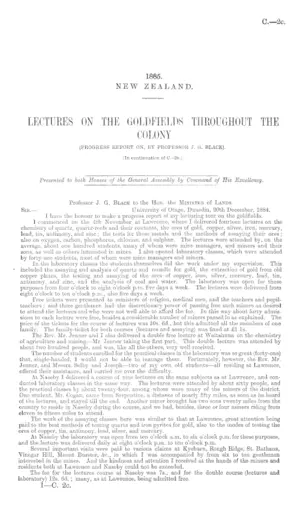 LECTURES ON THE GOLDFIELDS THROUGHOUT THE COLONY (PROGRESS REPORT ON, BY PROFESSOR J. G. BLACK). [In continuation of C.-2B.]