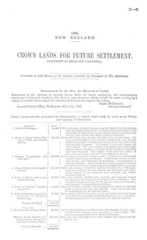 CROWN LANDS FOR FUTURE SETTLEMENT. (STATEMENT OF AREAS AND LOCALITIES.)