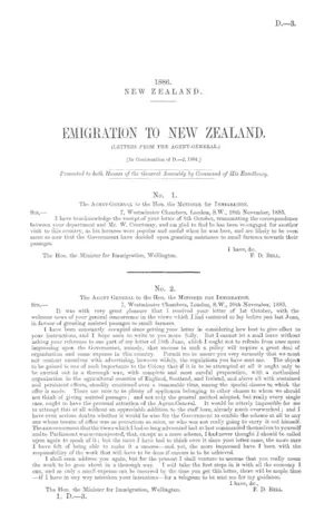 EMIGRATION TO NEW ZEALAND. (LETTERS FROM THE AGENT-GENERAL.) [In Continuation of D.—2, 1884.]
