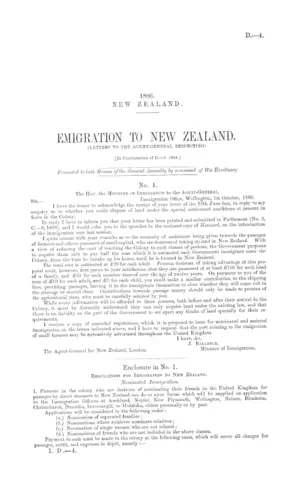 EMIGRATION TO NEW ZEALAND. (LETTERS TO THE AGENT-GENERAL RESPECTING) [In Continuation of D.Â—3 1884.]