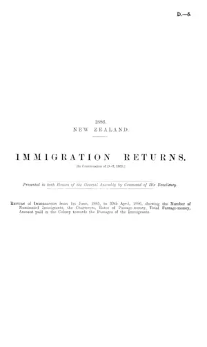 IMMIGRATION RETURNS. [In Continuation of D.-7, 1885.]