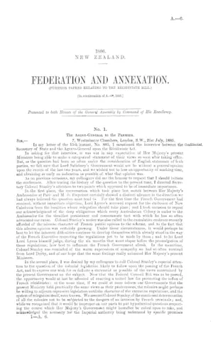 FEDERATION AND ANNEXATION. (FURTHER PAPERS RELATING TO THE RECIDIVISTS BILL.) [In continuation of A.-4*, 1885.]