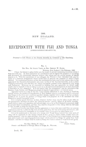 RECIPROCITY WITH FIJI AND TONGA (CORRESPONDENCE RELATIVE TO).