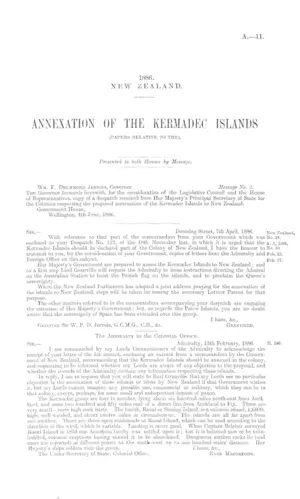 ANNEXATION OF THE KERMADEC ISLANDS (PAPERS RELATIVE TO THE).
