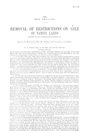 REMOVAL OF RESTRICTIONS ON SALE OF NATIVE LANDS (REPORT BY MR. COMMISSIONER BARTON ON).