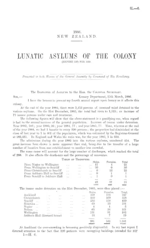 LUNATIC ASYLUMS OF THE COLONY (REPORT ON) FOR 1885.