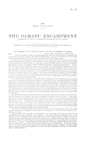THE OAMARU ENCAMPMENT (REPORT ON), BY SIR G. S. WHITMORE, COMMANDER OF THE FORCES.