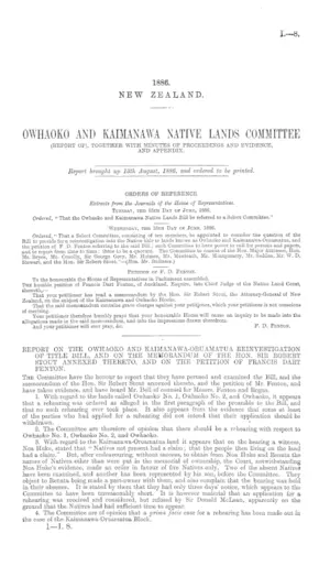 OWHAOKO AND KAIMANAWA NATIVE LANDS COMMITTEE (REPORT OF), TOGETHER WITH MINUTES OF PROCEEDINGS AND EVIDENCE, AND APPENDIX.