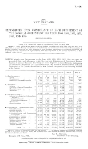 EXPENDITURE UPON MAINTENANCE OF EACH DEPARTMENT OF THE COLONIAL GOVERNMENT FOR YEARS 1860, 1865, 1870, 1875, 1880, AND 1885 (RETURN SHOWING).