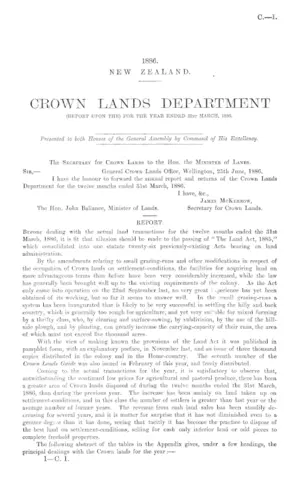 CROWN LANDS DEPARTMENT (REPORT UPON THE) FOR THE YEAR ENDED 31st MARCH, 1886.