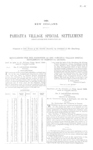 PAHIATUA VILLAGE SPECIAL SETTLEMENT (REGULATIONS FOR FORMATION OF).