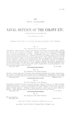 NAVAL DEFENCE OF THE COLONY ETC. (CORRESPONDENCE RELATING TO). [In continuation of A.-6, 1887.]