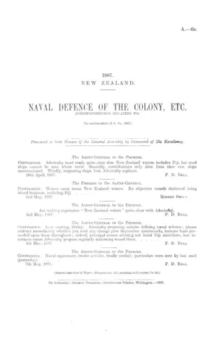 NAVAL DEFENCE OF THE COLONY, ETC. (CORRESPONDENCE RELATING TO). [In continuation of A.-6a. 1887.]