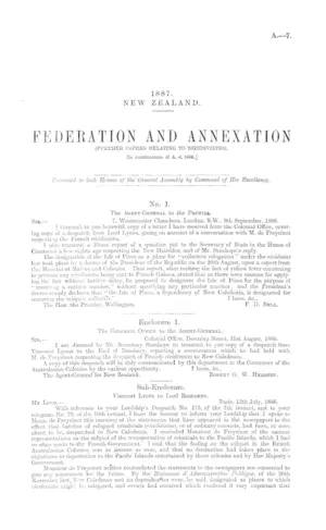 FEDERATION AND ANNEXATION (FURTHER PAPERS RELATING TO RECIDIVISTES). [In continuation of A.-6, 1886.]