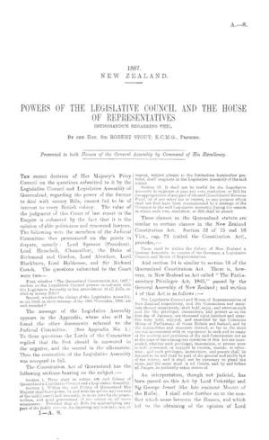 POWERS OF THE LEGISLATIVE COUNCIL AND THE HOUSE OF REPRESENTATIVES (MEMORANDUM REGARDING THE). By the Hon. Sir ROBERT STOUT, K.C.M.G., Premier.