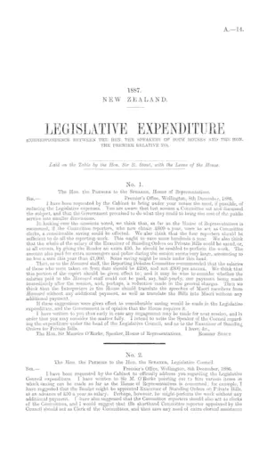 LEGISLATIVE EXPENDITURE (CORRESPONDENCE BETWEEN THE HON. THE SPEAKERS OF BOTH HOUSES AND THE HON. THE PREMIER RELATIVE TO).