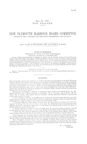 NEW PLYMOUTH HARBOUR BOARD COMMITTEE (REPORT OF THE), TOGETHER WITH MINUTES OF PROCEEDINGS, AND EVIDENCE.