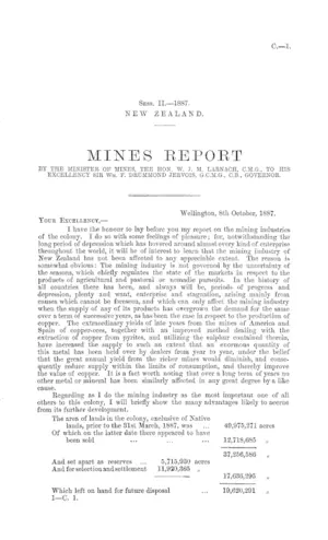 MINES REPORT BY THE MINISTER OF MINES, THE HON. W.J.M. LARNACH, C.M.G., TO HIS EXCELLENCY SIR Wm. F. DRUMMOND JERVOIS, G.C.M.G., C.B., GOVERNOR.