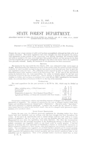 STATE FOREST DEPARTMENT. (PROGRESS REPORT OF THE), FOR YEAR ENDED 31st MARCH, 1887, BY T. KIRK, F.L.S., CHIEF CONSERVATOR OF STATE FORESTS.